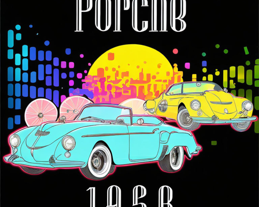 Vibrant artwork of vintage Porsche cars with "Porsche 1958" text on moonlit