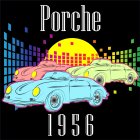 Vibrant artwork of vintage Porsche cars with "Porsche 1958" text on moonlit