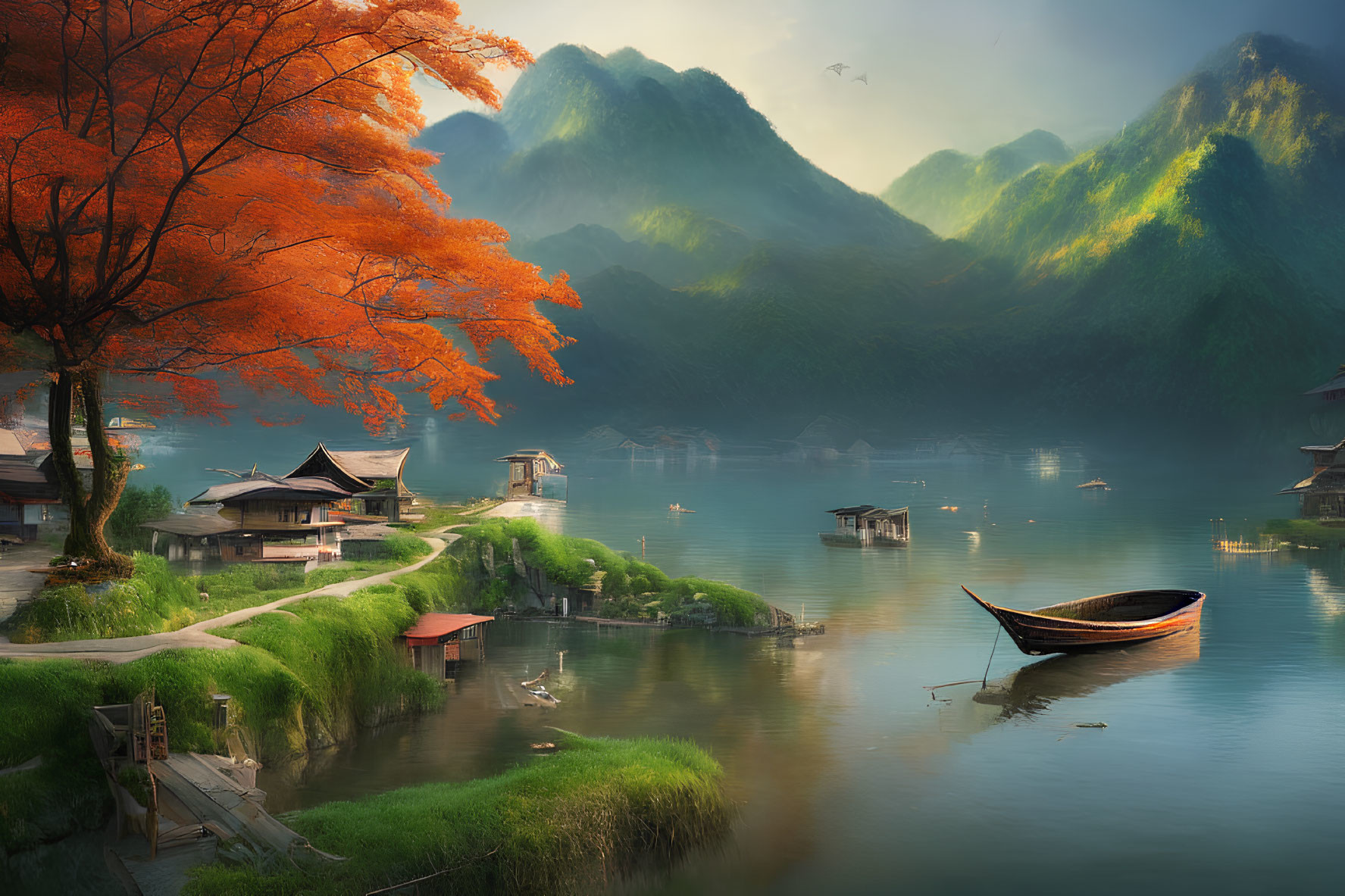 Tranquil lake scene with traditional buildings, lone boat, misty mountains, orange tree, soft