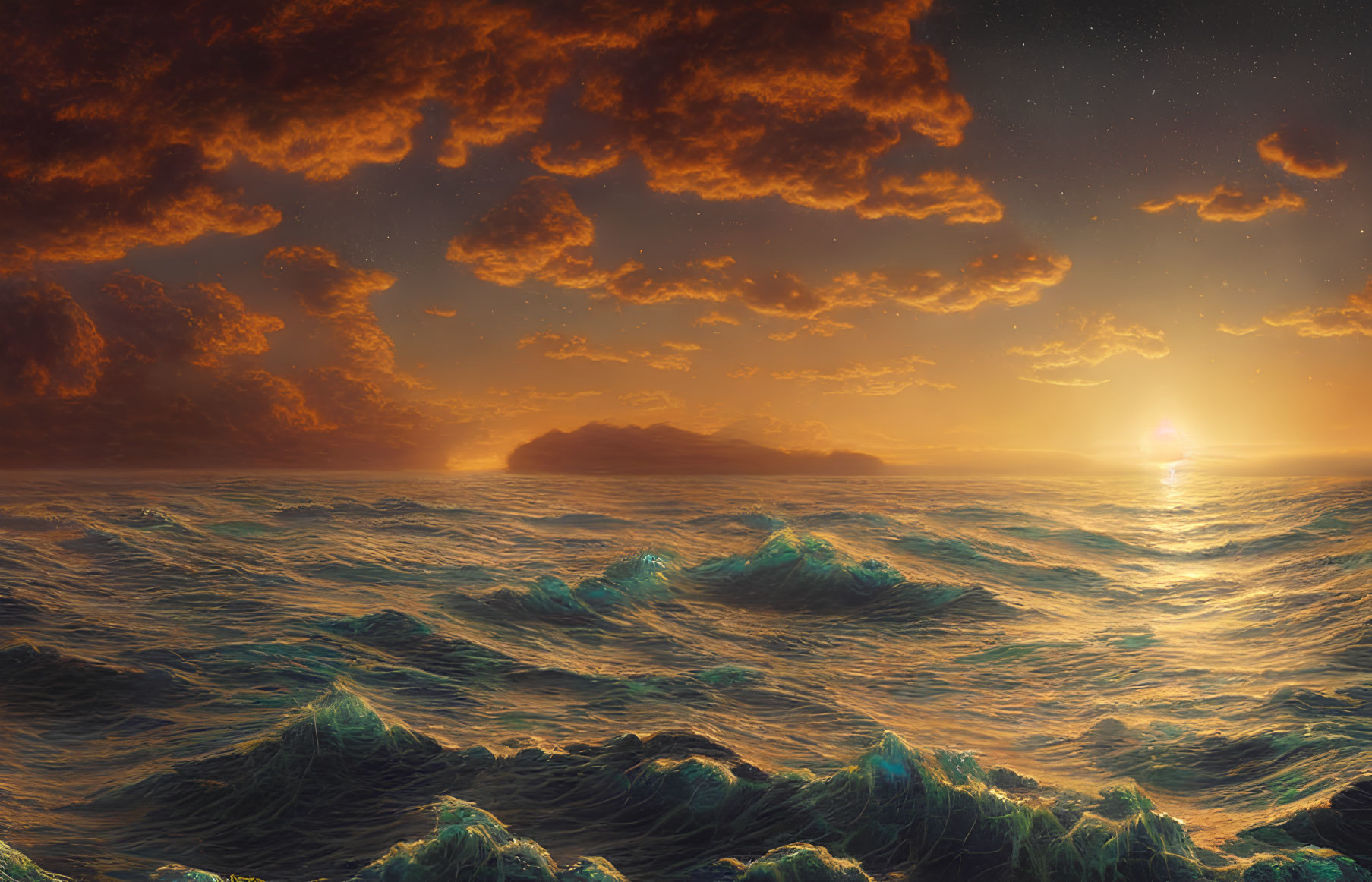Scenic sunset view over turbulent sea with orange clouds and stars.