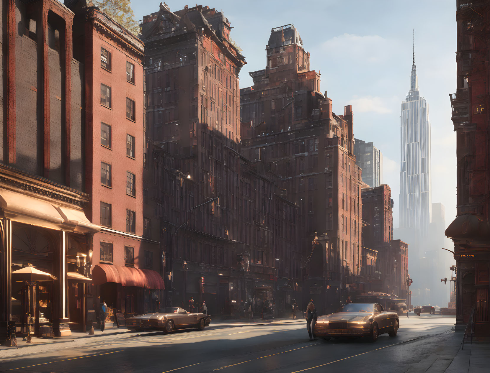 Vintage cars and Empire State Building in New York street scene.