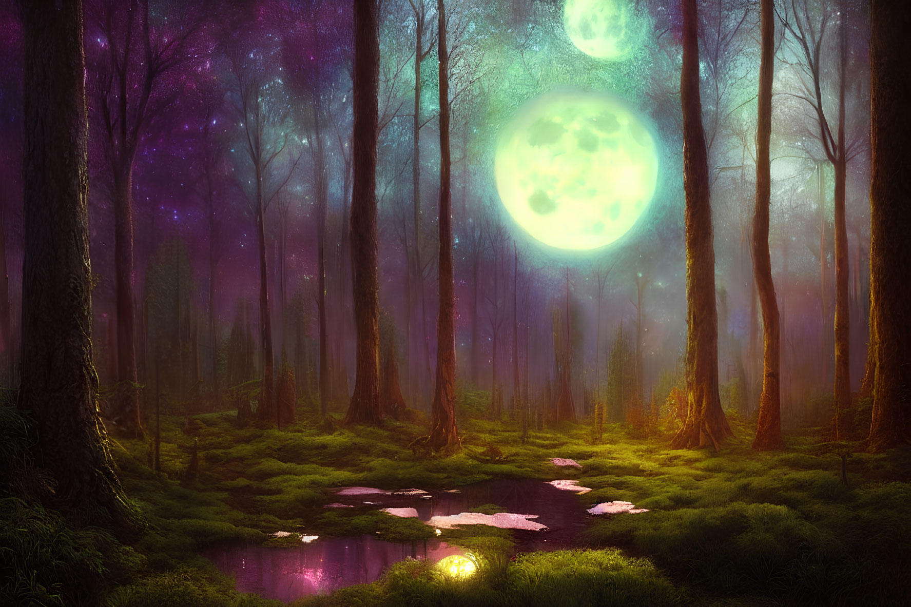 Enchanting night forest with glowing moon, stars, and purple haze