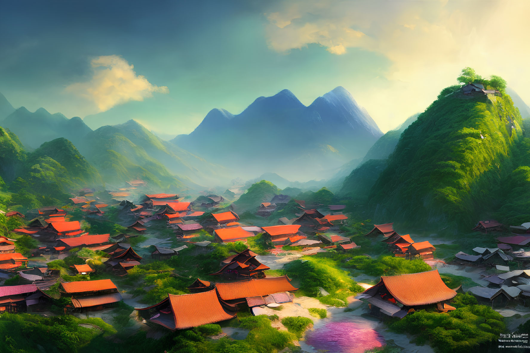 Scenic village in lush valley with red-roofed houses