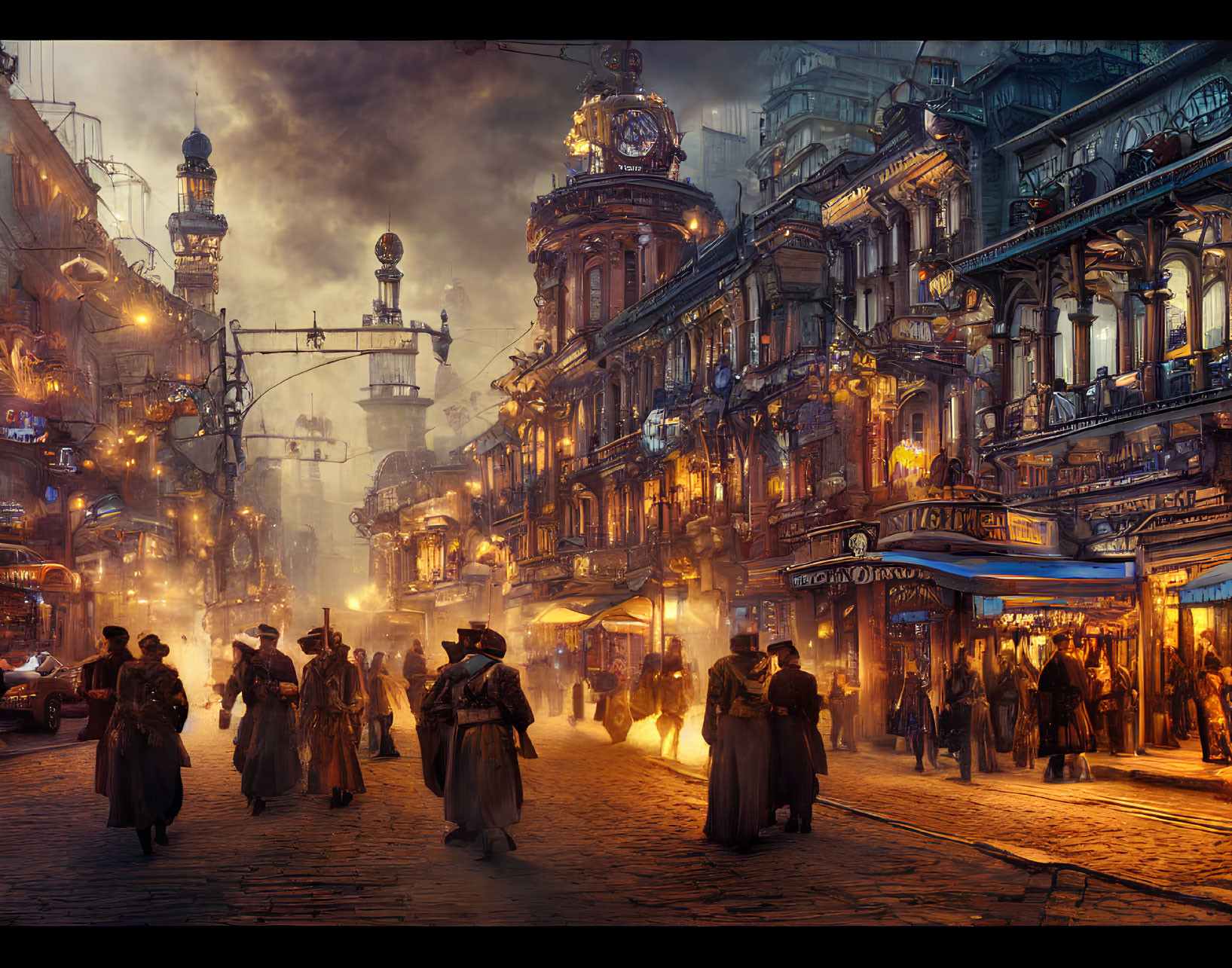 Historical city street at dusk with vintage attire, ornate buildings, and dramatic sky