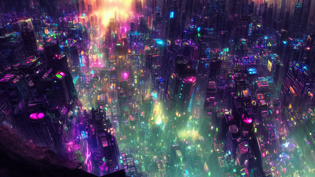 Vibrant neon-lit futuristic cityscape at night