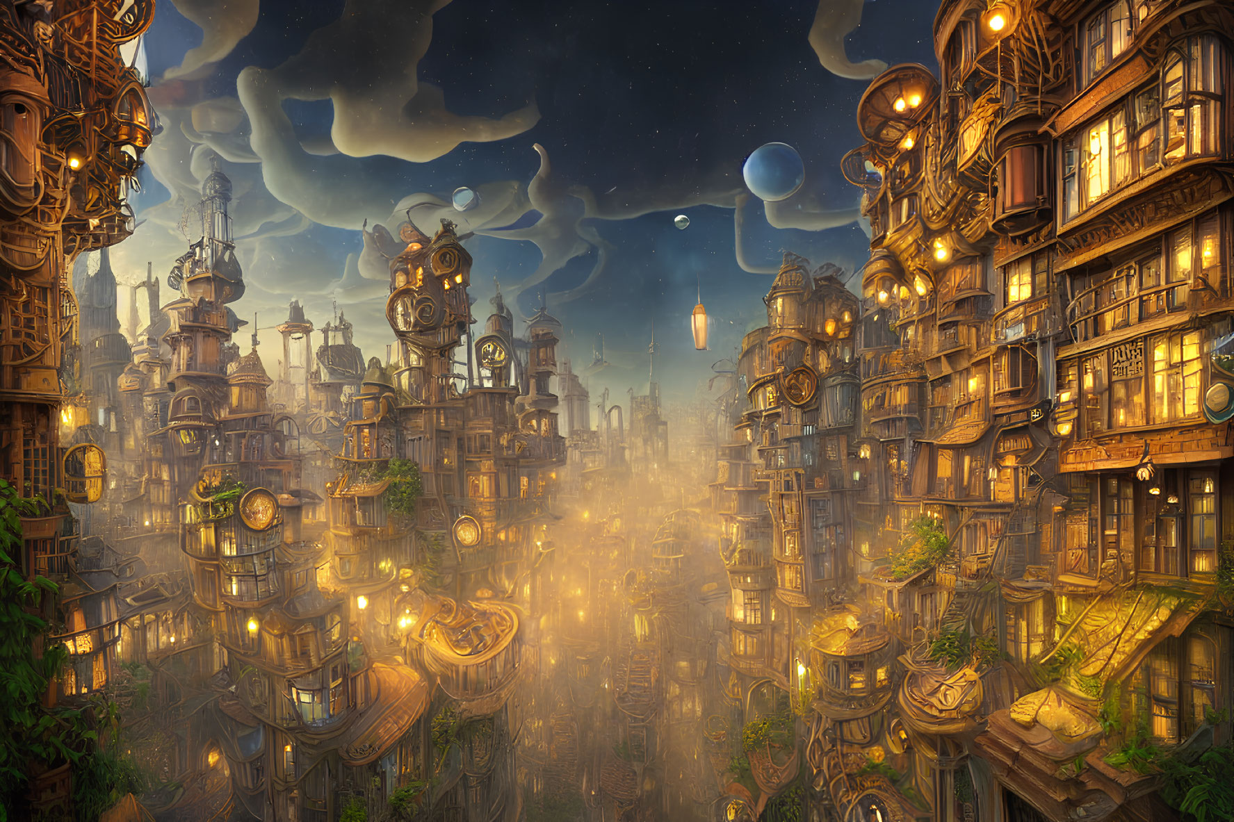 Luminous cityscape at dusk with ornate towers and swirling clouds