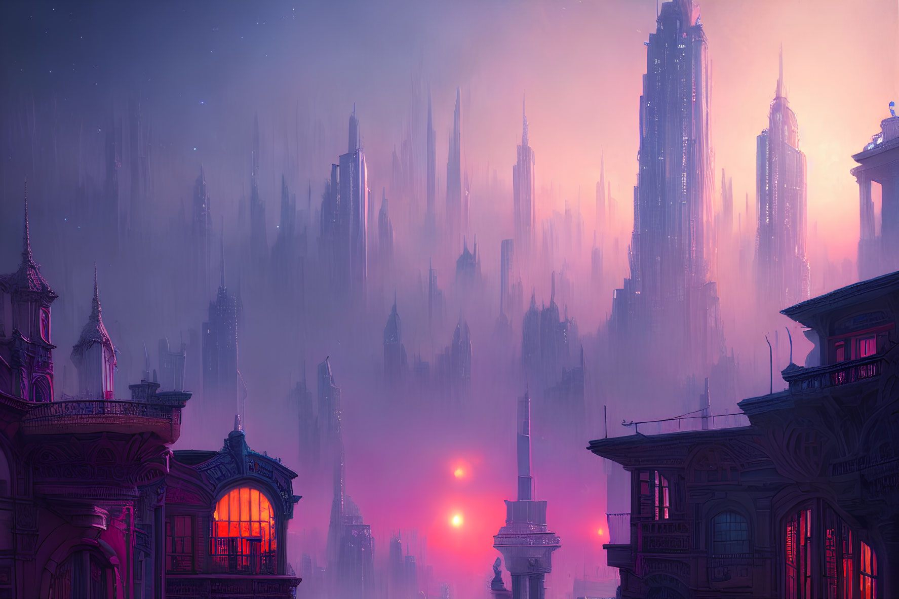 Futuristic cityscape at dusk with pink and purple hues