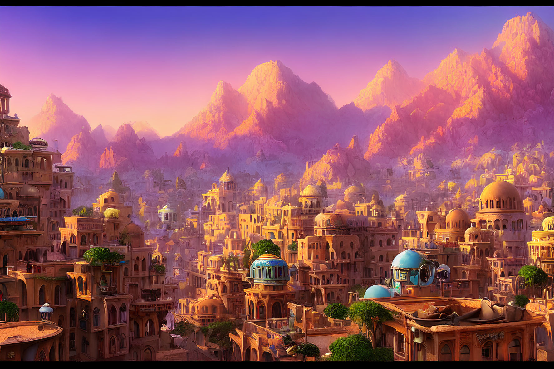 Sunset Fantasy Cityscape with Golden Buildings and Purple Mountains