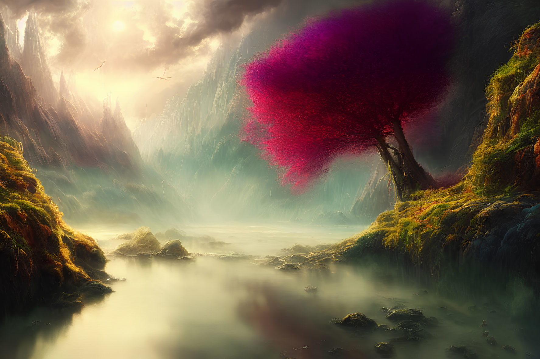 Vibrant red tree in mystical valley with misty waters and soaring mountains