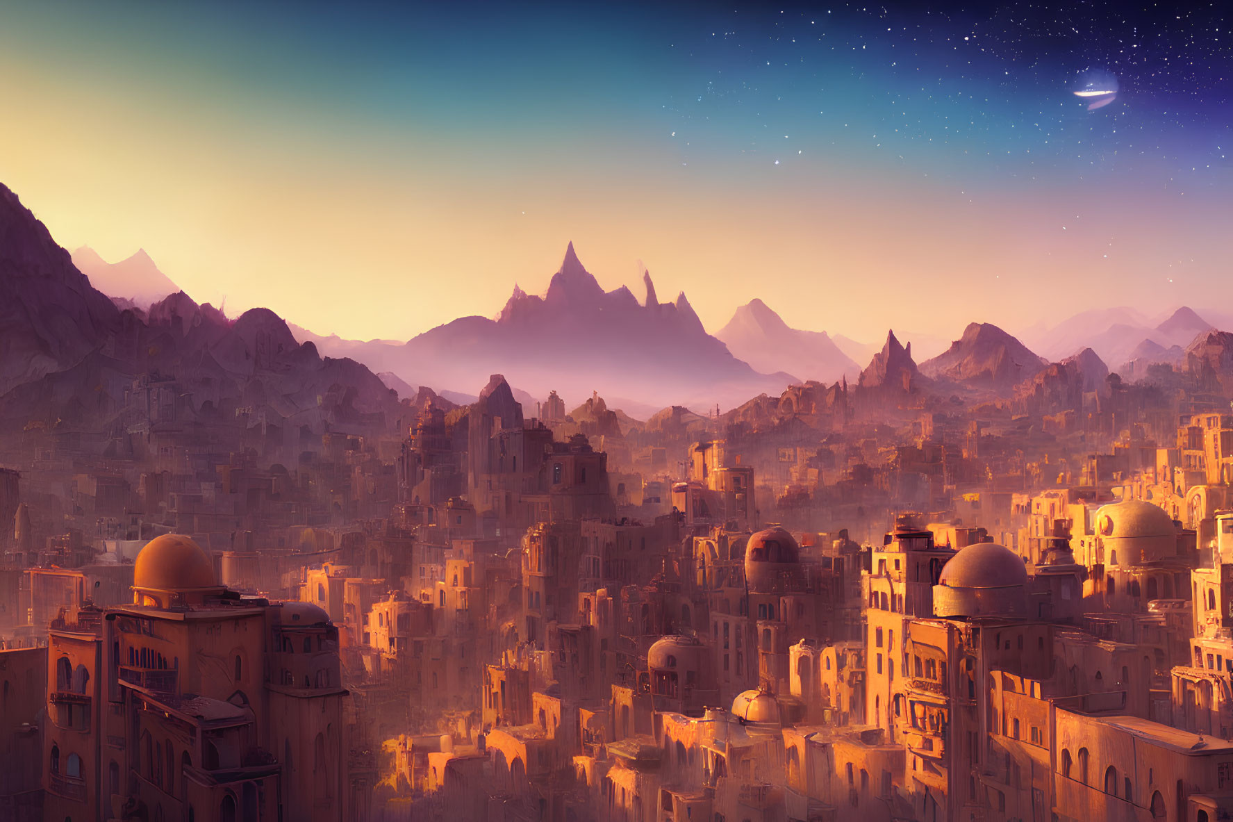Fantasy cityscape at sunset with domed buildings and starry sky