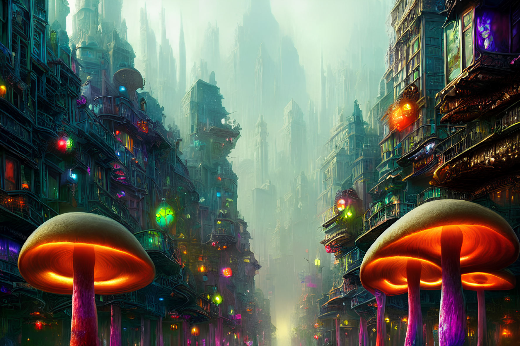 Vibrant futuristic cityscape with neon-lit buildings and oversized mushrooms under a glowing sky