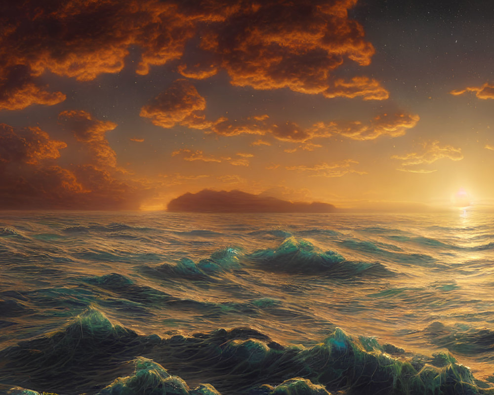 Scenic sunset view over turbulent sea with orange clouds and stars.