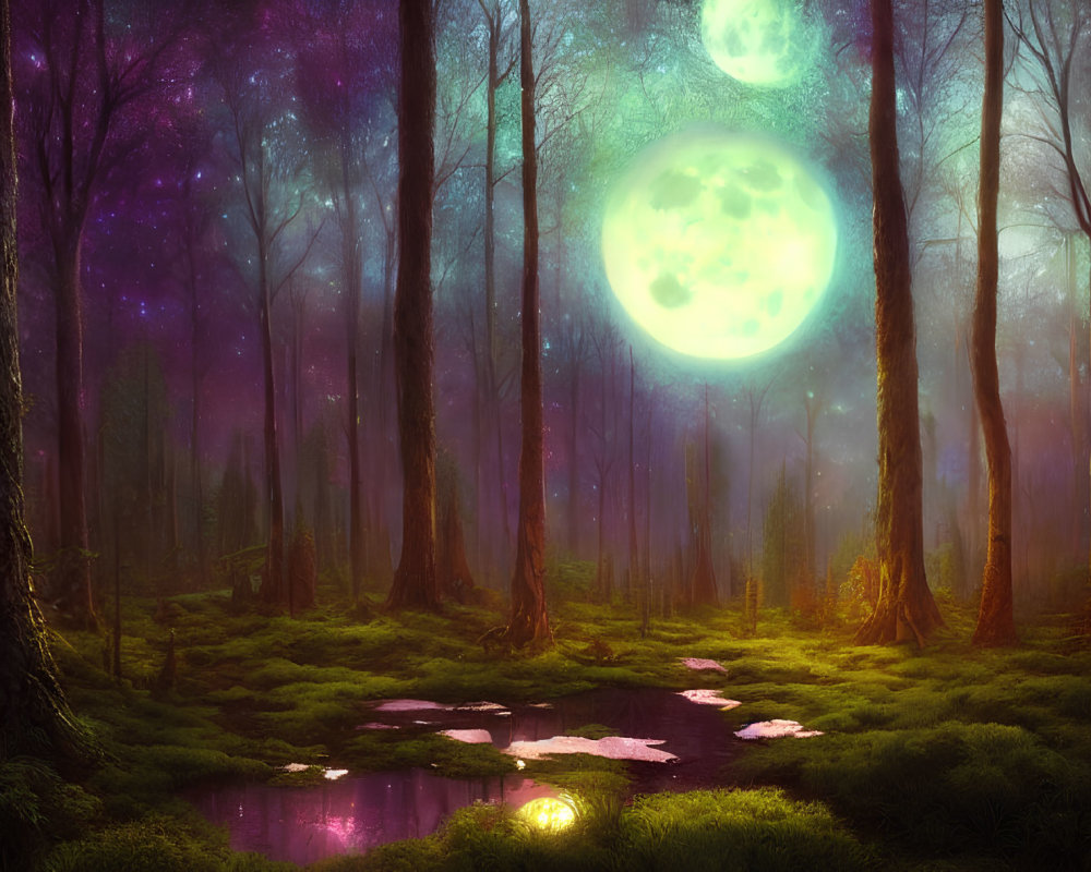 Enchanting night forest with glowing moon, stars, and purple haze