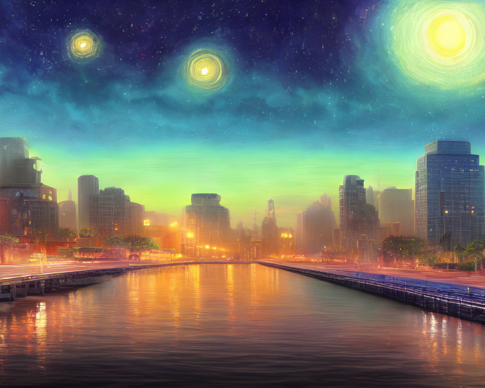 Futuristic sci-fi cityscape with luminous river promenade under starry sky