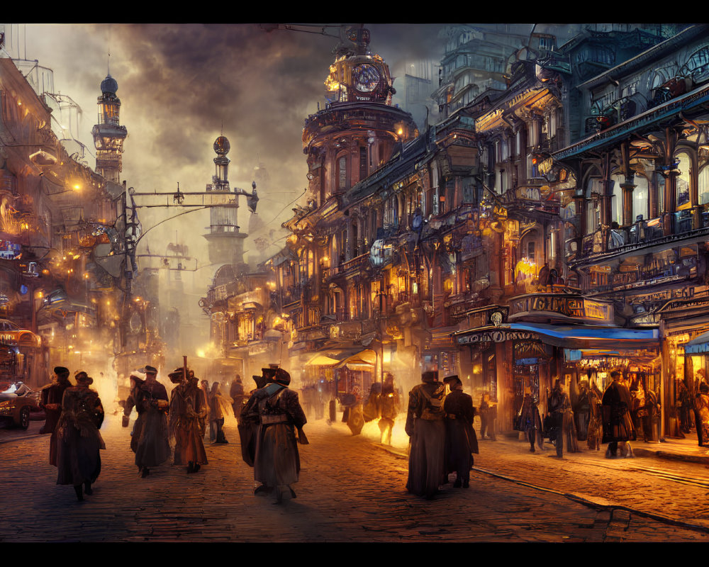 Historical city street at dusk with vintage attire, ornate buildings, and dramatic sky
