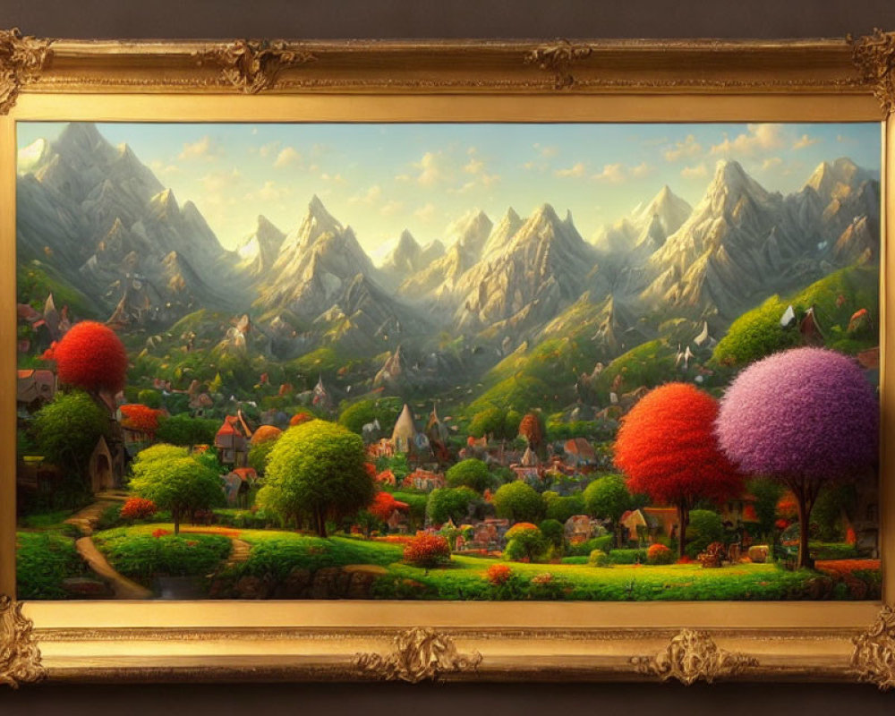 Scenic village painting with colorful trees and mountains