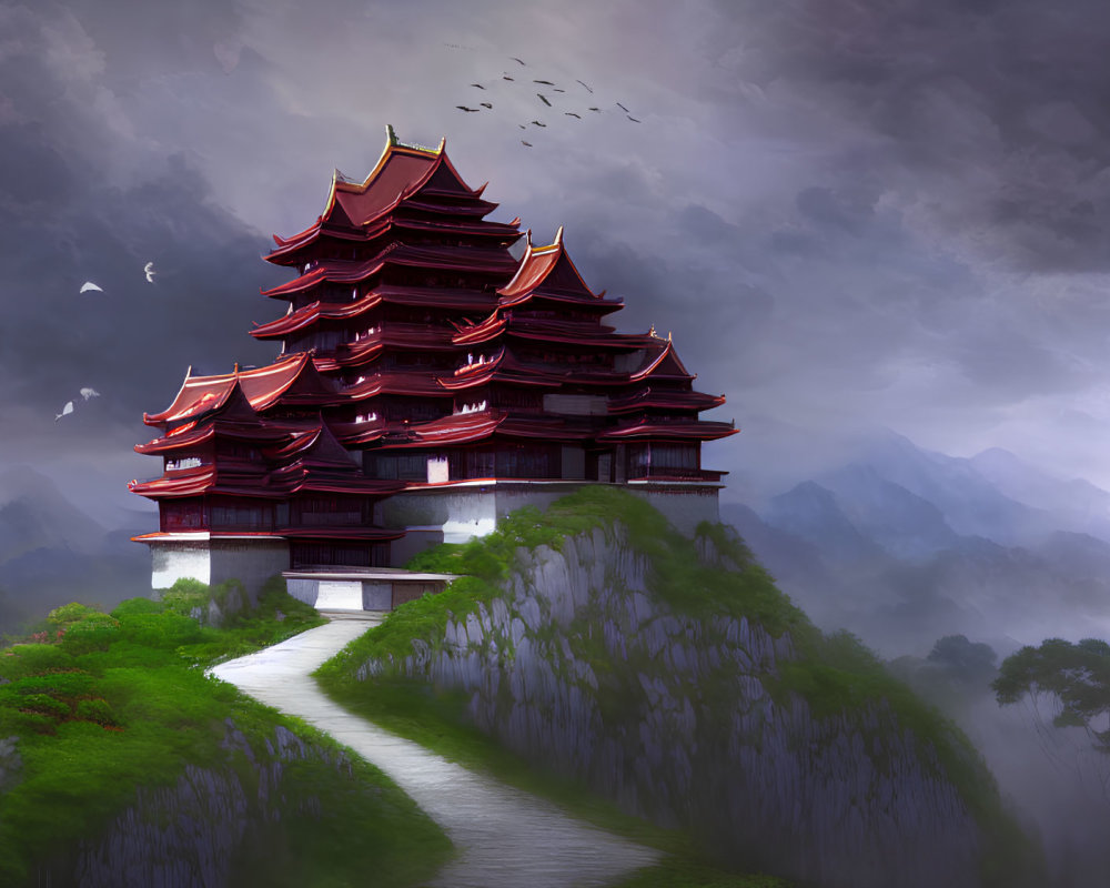Majestic multi-tiered pagoda on steep cliff with mist-covered mountains and birds.