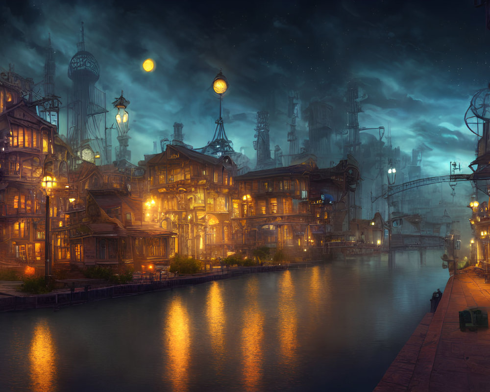 Steampunk cityscape with Victorian architecture and glowing lanterns