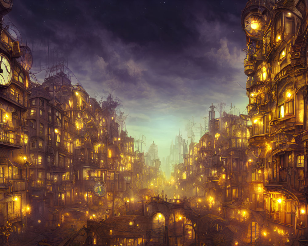 Steampunk cityscape with glowing streetlights and clock at dusk