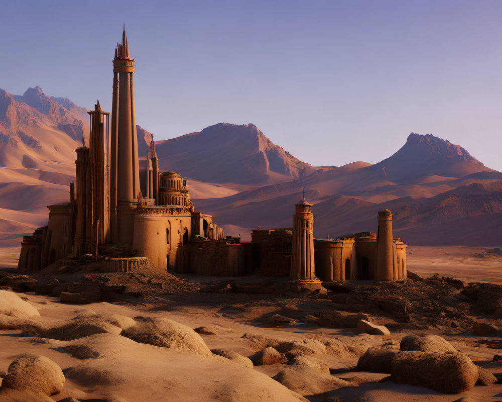 Desert Citadel with Spires Against Mountain Backdrop at Sunset