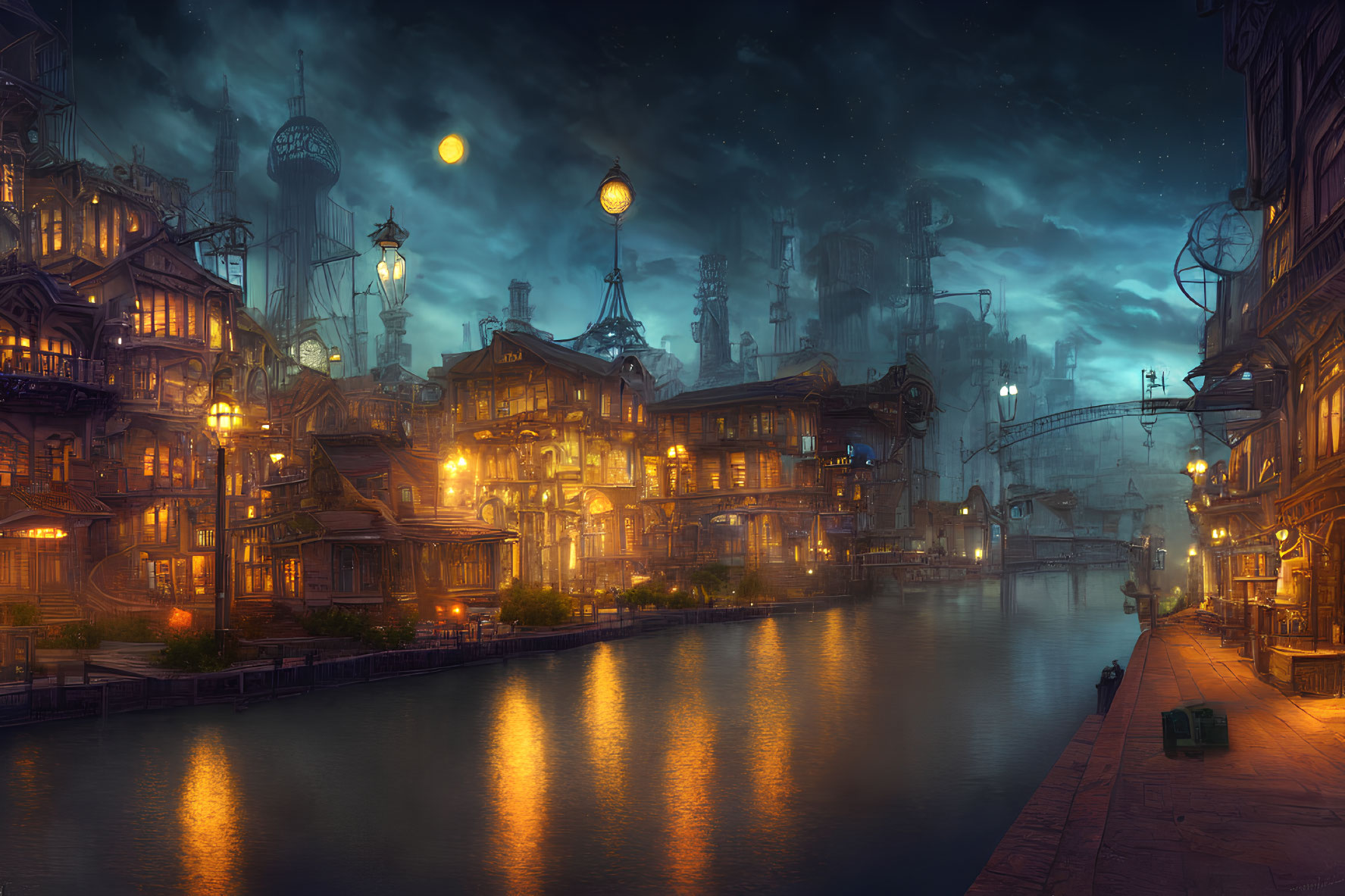 Steampunk cityscape with Victorian architecture and glowing lanterns