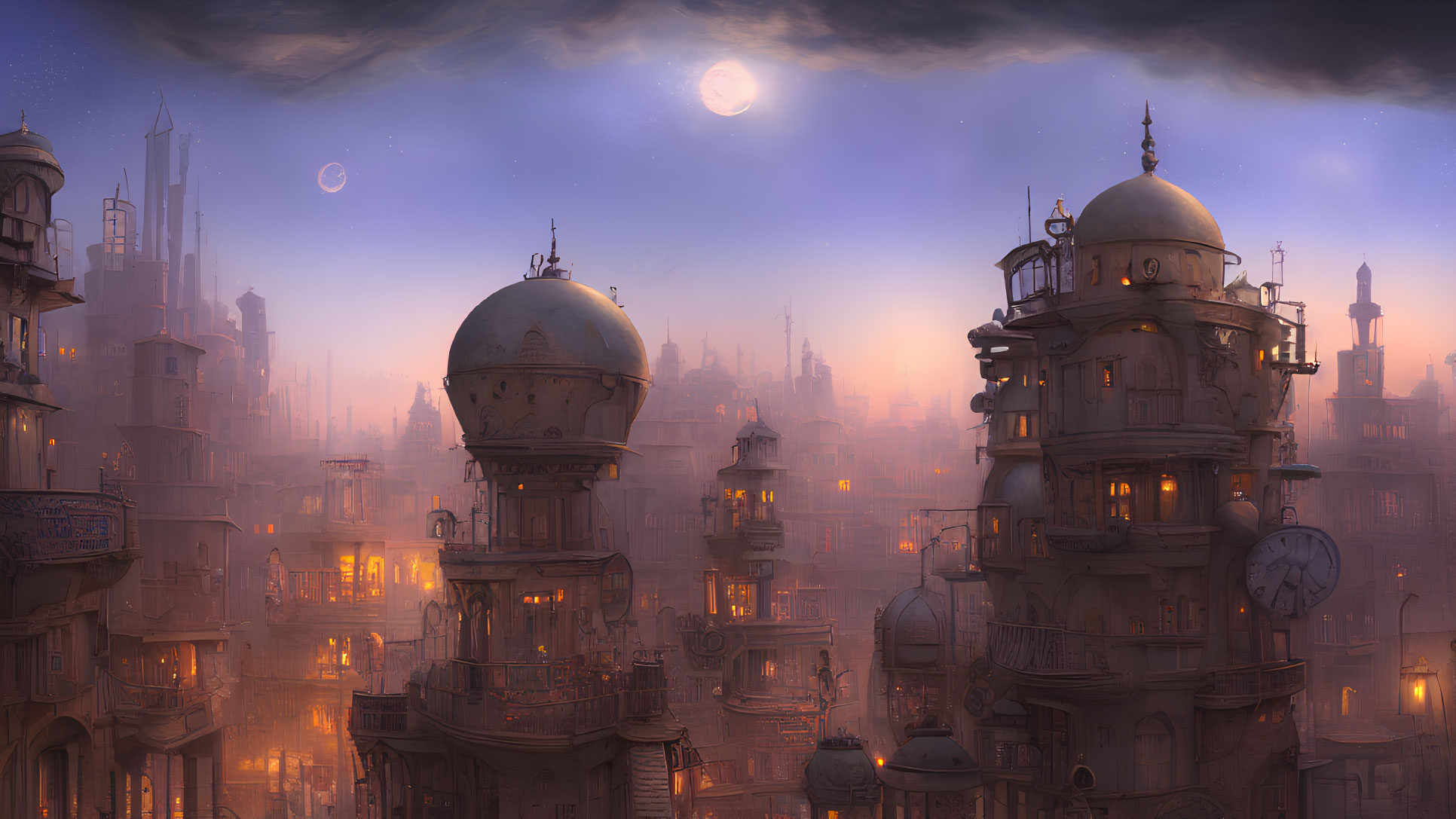 Fantastical cityscape at dusk with domed towers and multiple moons