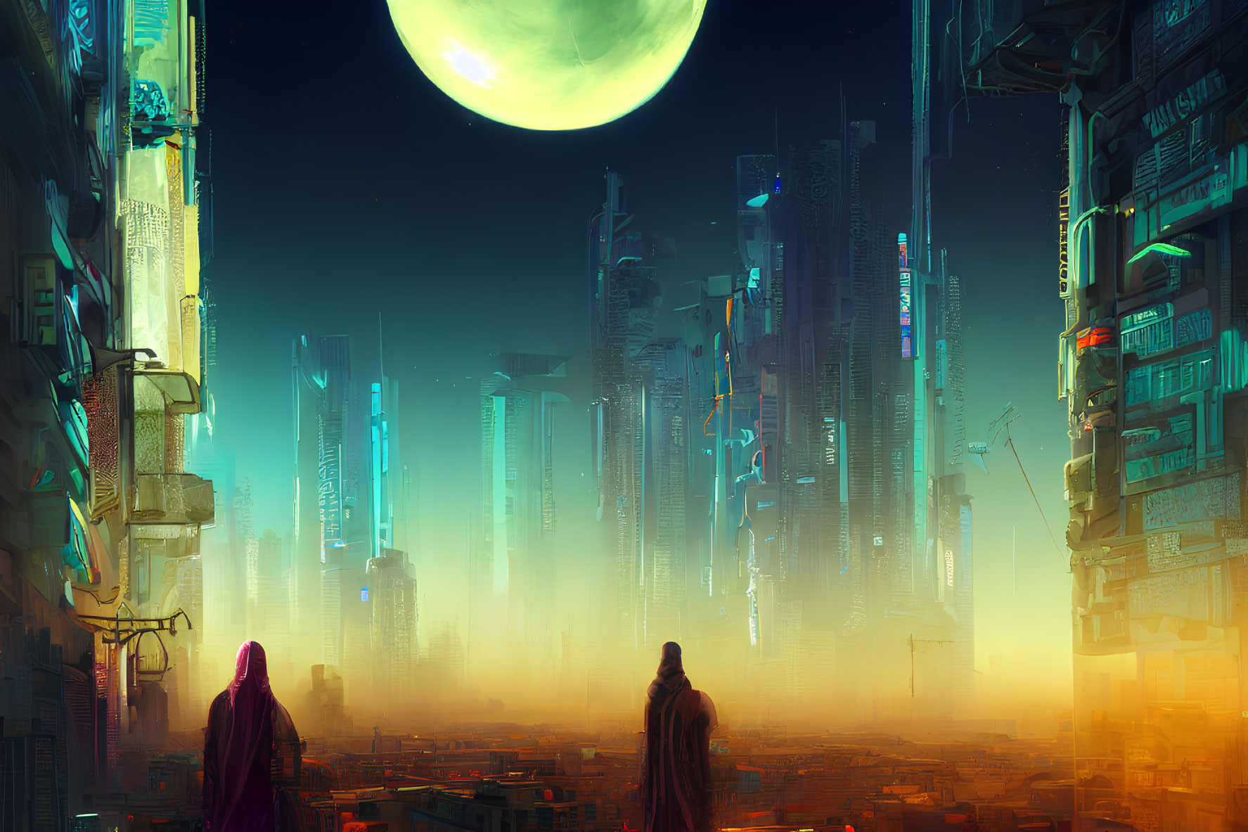Neon-lit futuristic cityscape with figures and green moon