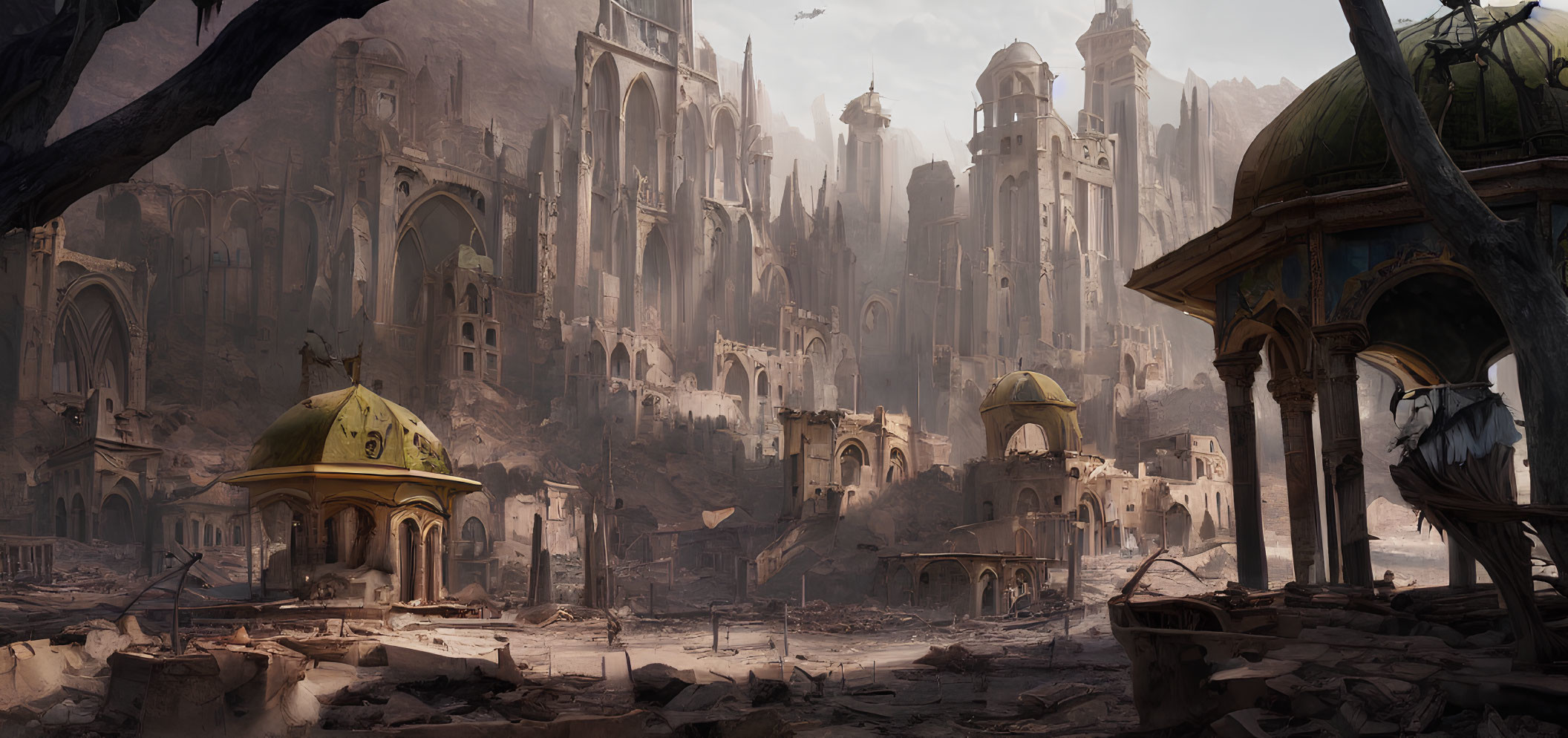 Ruined city with gothic architecture and domed structures