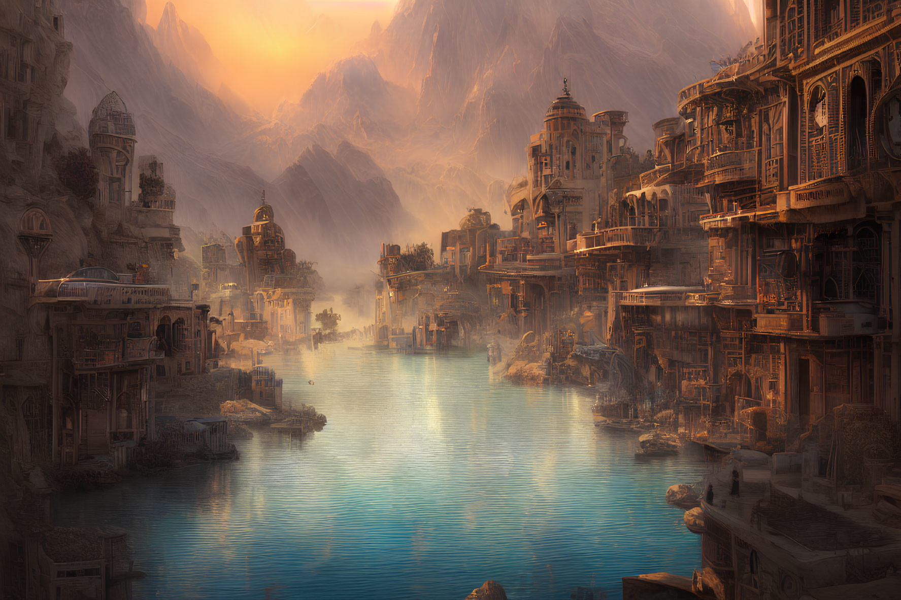 Sunlit fantasy cityscape with ancient buildings and mountains.