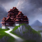 Majestic multi-tiered pagoda on steep cliff with mist-covered mountains and birds.