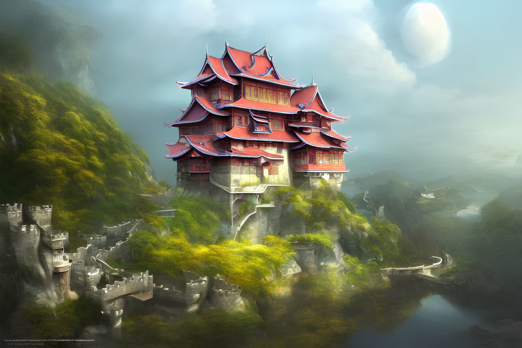 Red Pagoda on Cliff Amid Lush Greenery and Ruins with Moonlit Fog
