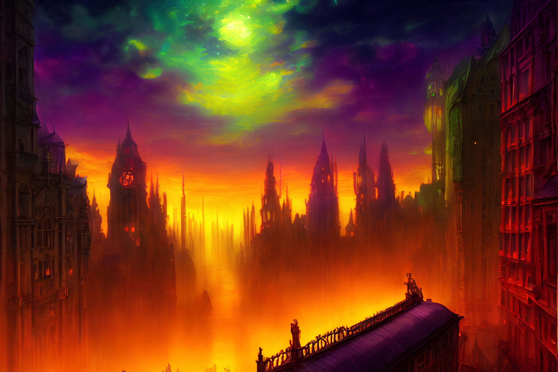 Fantastical cityscape digital artwork with Gothic buildings and colorful sky