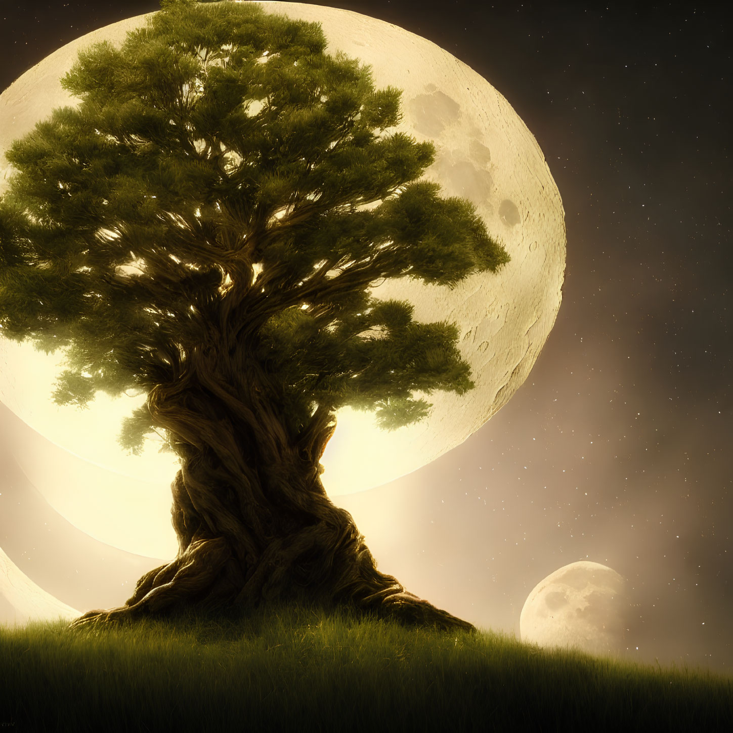 Majestic twisted trunk tree in field under starry sky with full moon