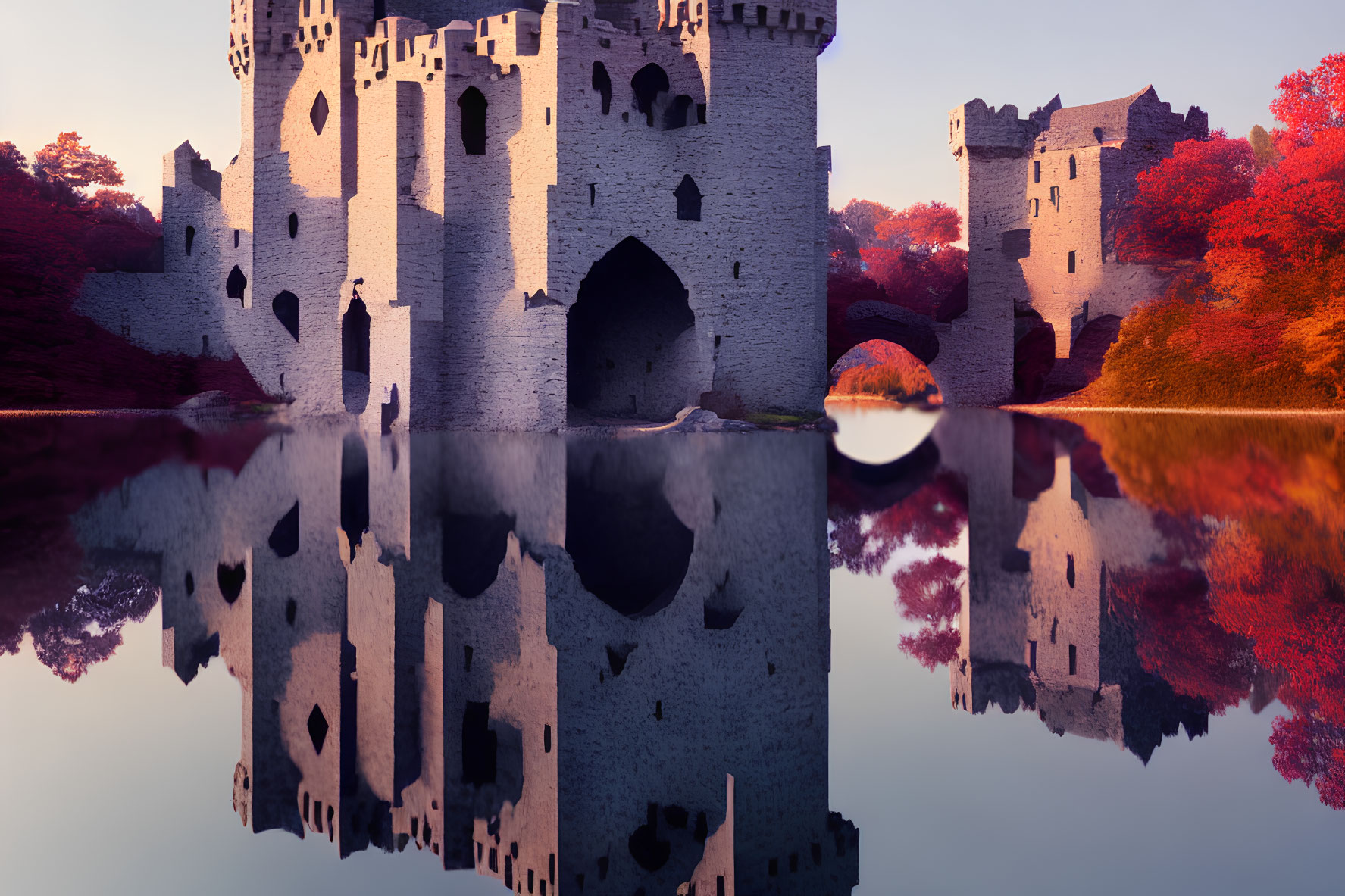 Ancient castle reflected in calm waters at twilight