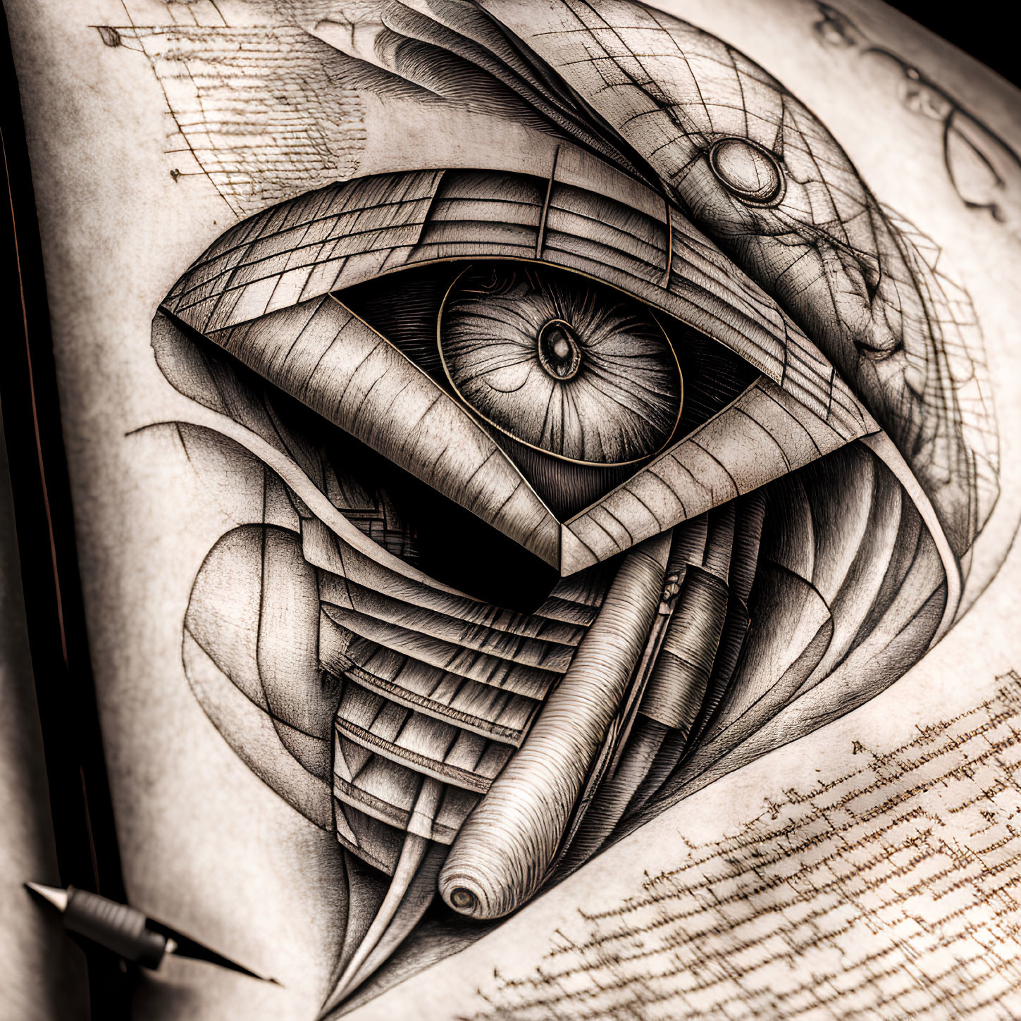 Surrealist drawing of eye with architectural elements and geometrical patterns