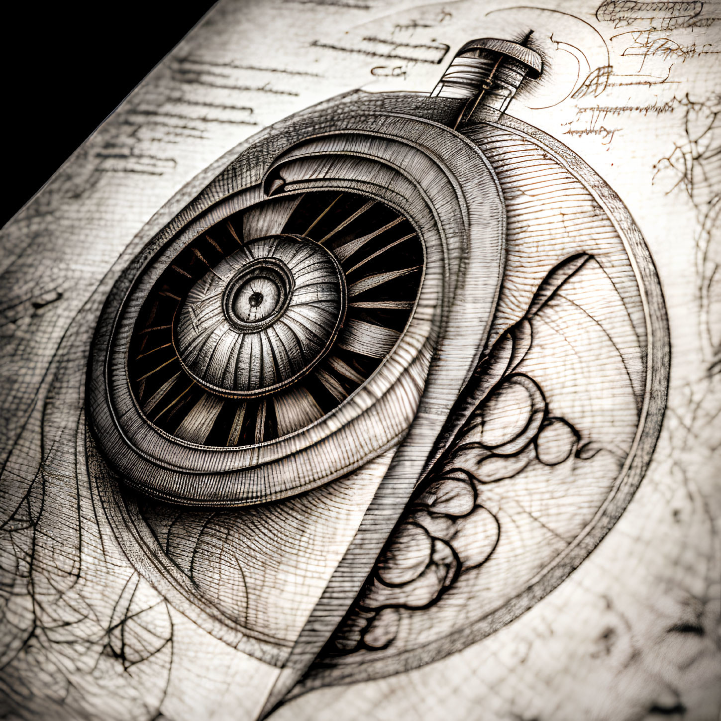 Detailed illustration of intricate pocket watch designs on vintage maps background