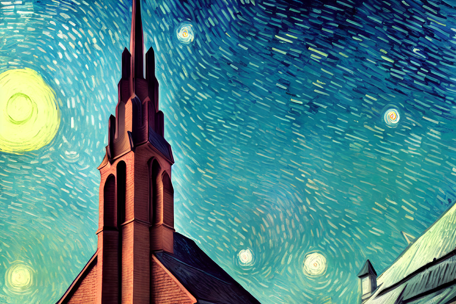 Church Steeple Under Swirling Starry Night Sky Artwork