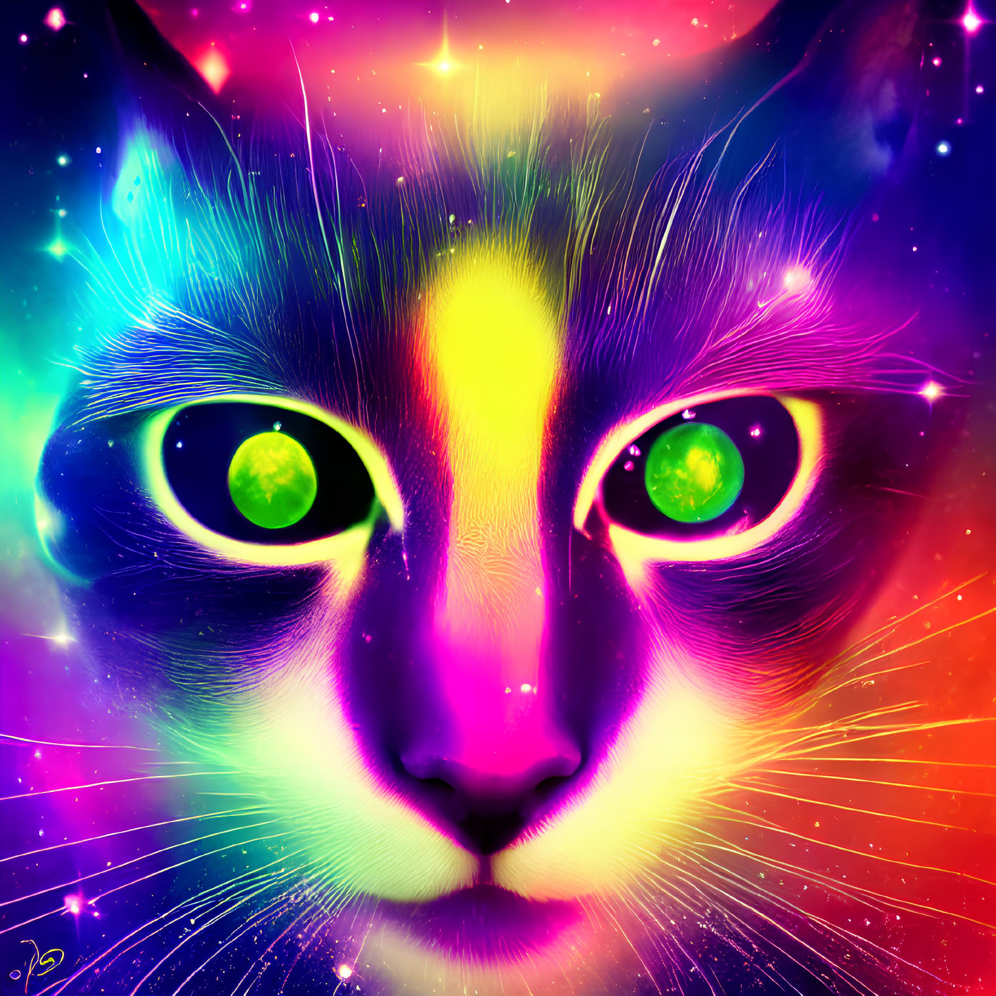 Colorful Digital Illustration of Cat with Neon Hues on Starry Background