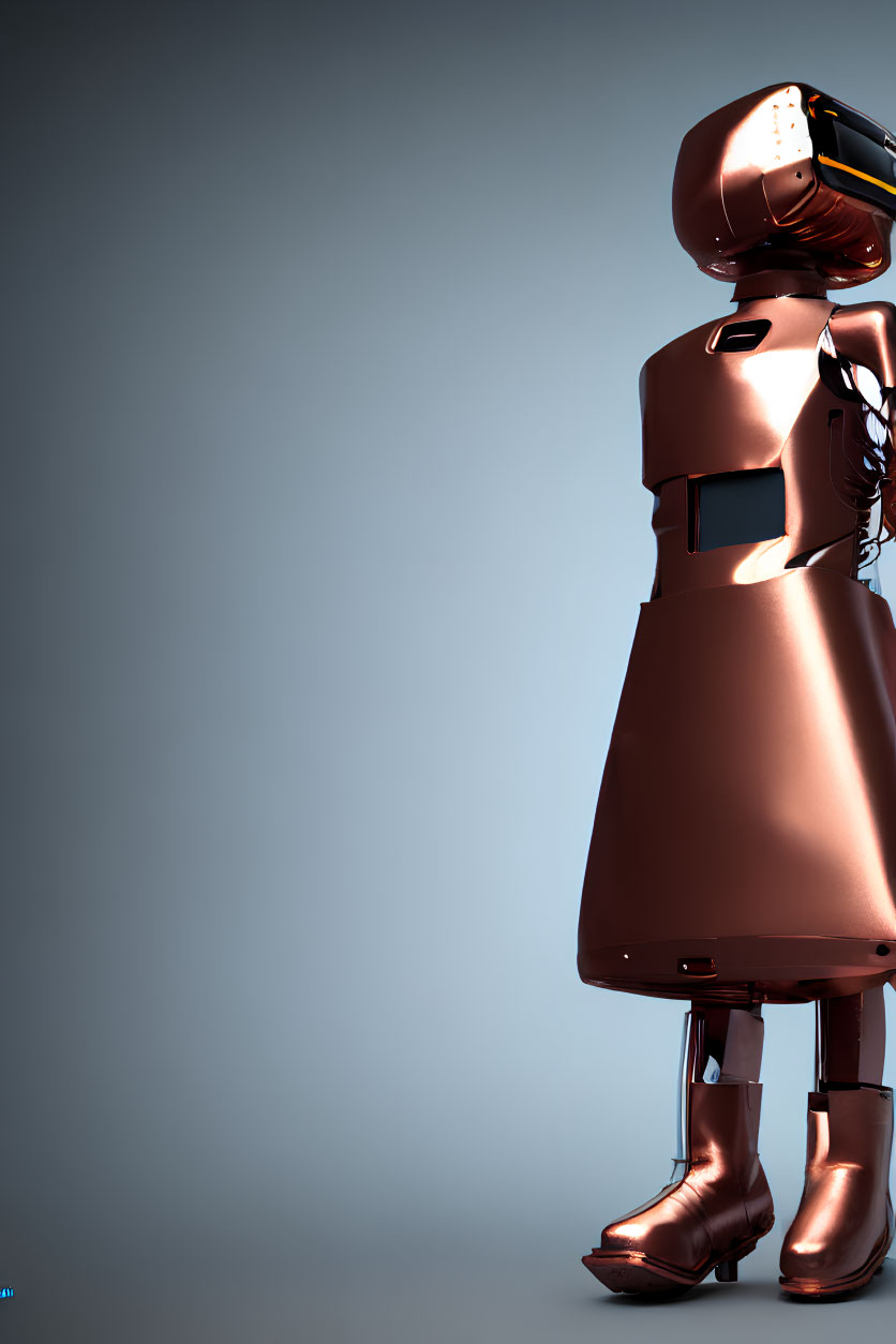 Shiny copper robot in profile against blue background