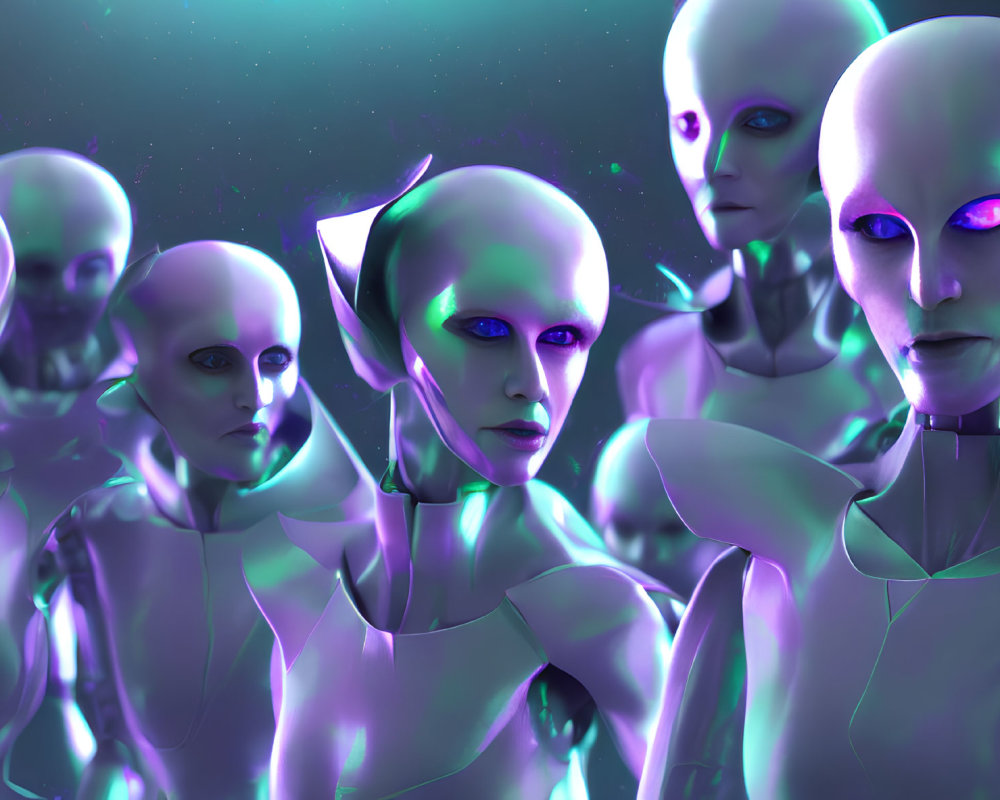 Purple-skinned humanoid aliens in futuristic attire under starry sky