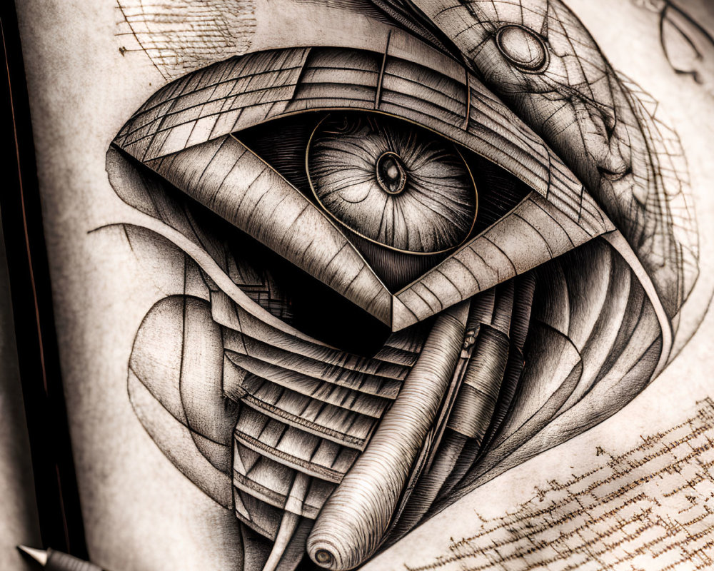Surrealist drawing of eye with architectural elements and geometrical patterns