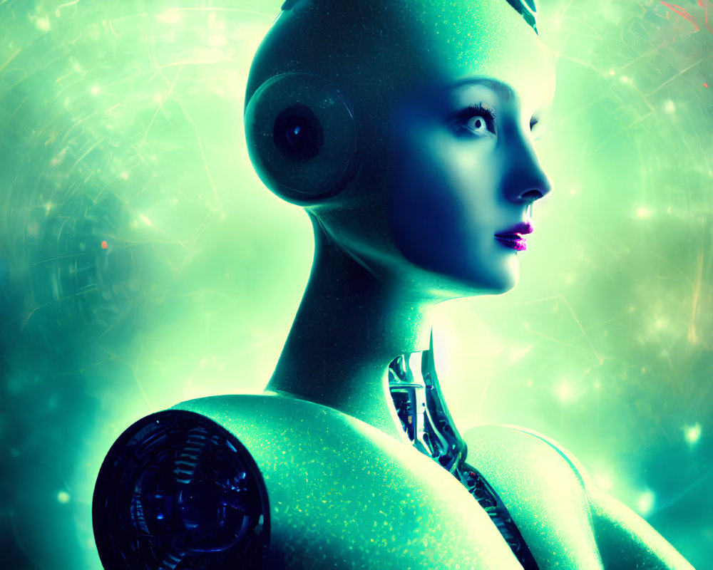Glossy Blue-Green Female Android with Intricate Neck Mechanisms