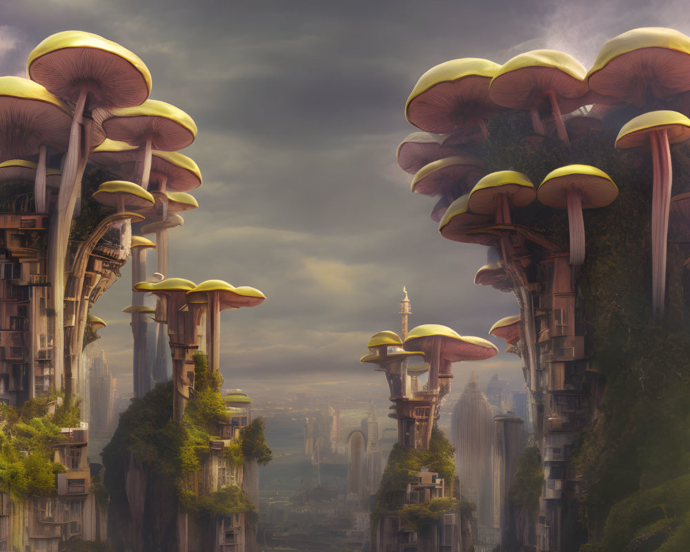 Fantasy cityscape featuring towering mushrooms and skyscrapers under dramatic sky