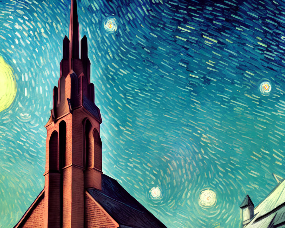 Church Steeple Under Swirling Starry Night Sky Artwork
