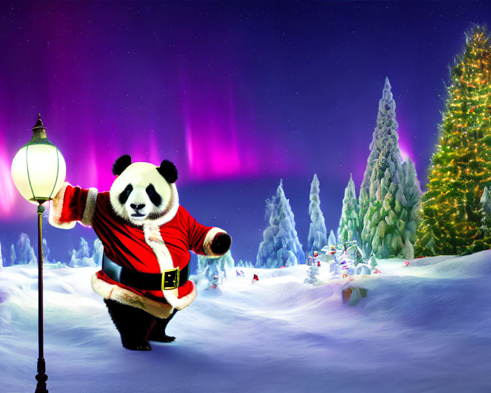 Cheerful Santa Claus panda in snowy Christmas scene