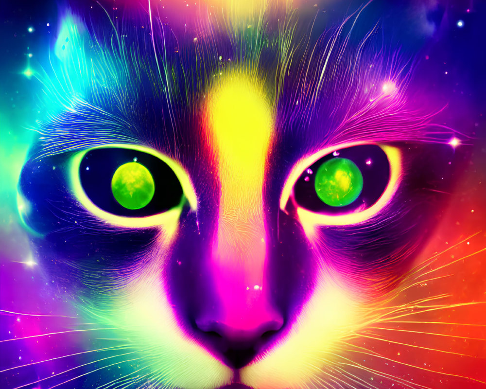 Colorful Digital Illustration of Cat with Neon Hues on Starry Background