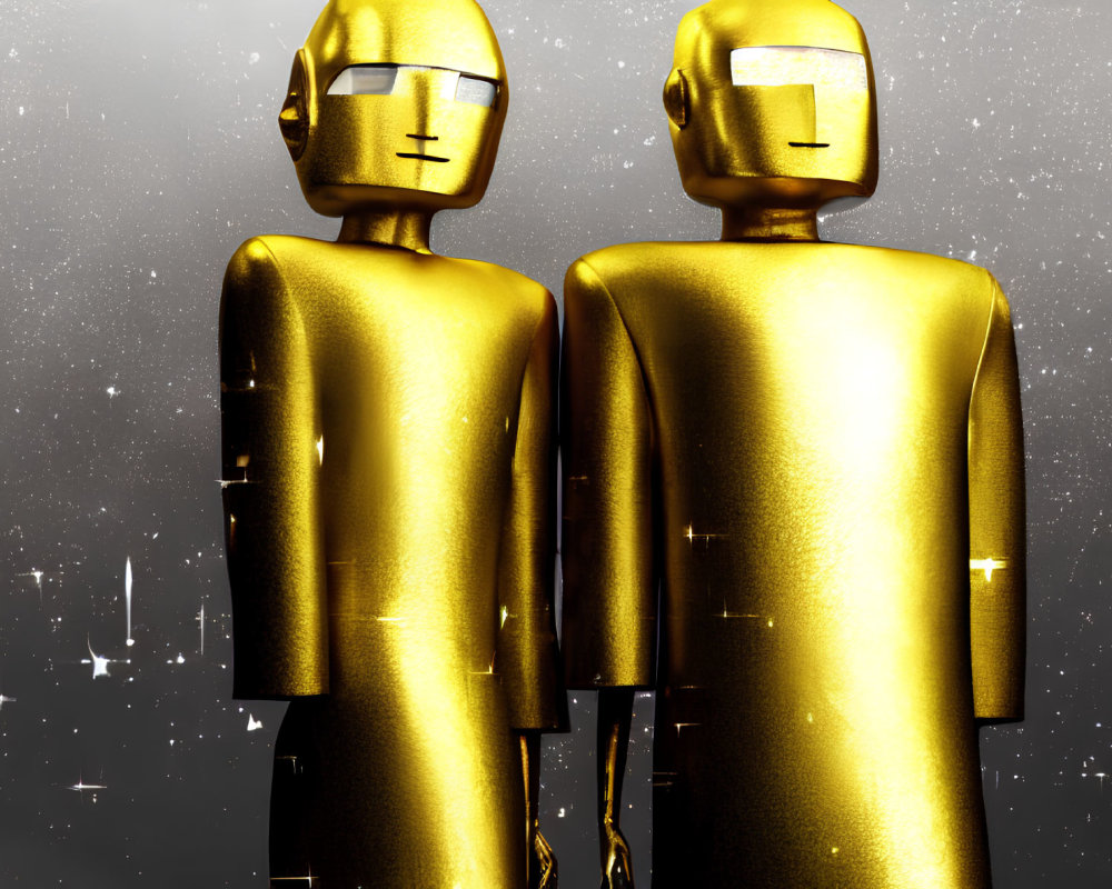 Golden humanoid figures standing against sparkling gold background