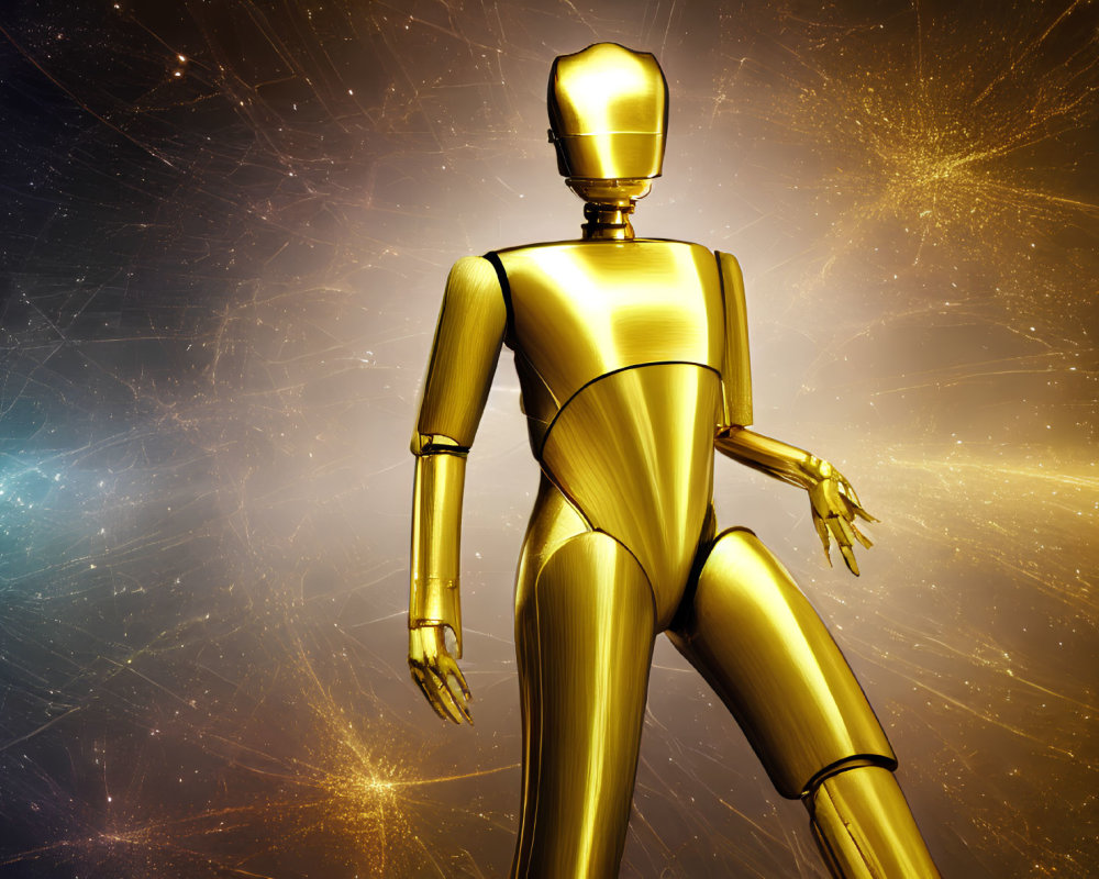 Golden humanoid robot against cosmic background with light rays