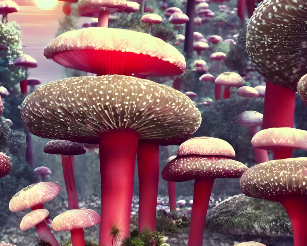 Enchanting forest scene with oversized red-stemmed mushrooms and multi-sun dusk sky