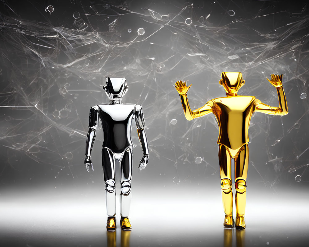 Silver and Gold Humanoid Robots Against Abstract Wireframe Backdrop